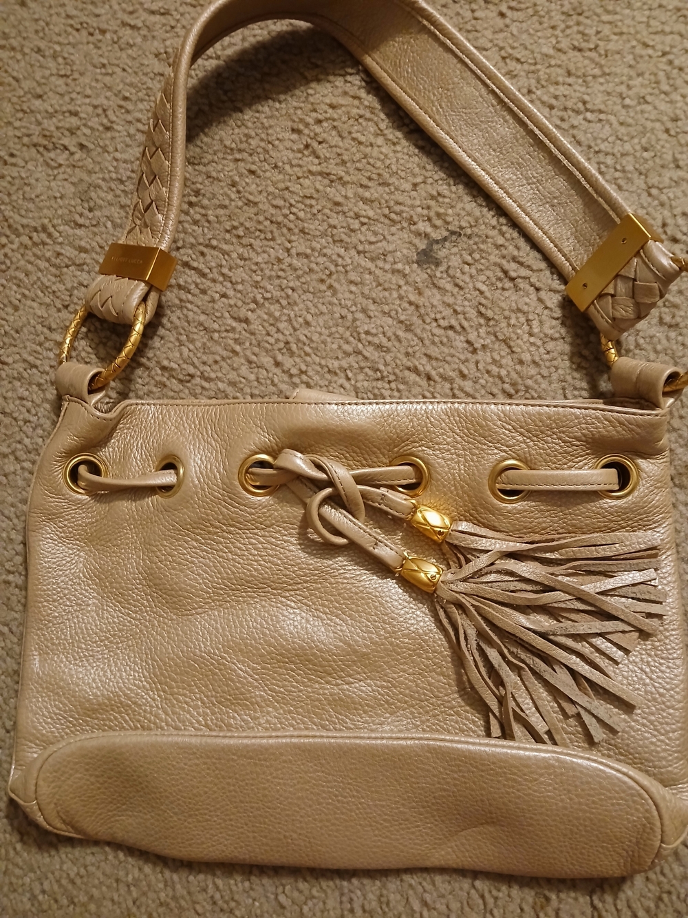 Elliott Lucca Beige Leather Shoulder Bag with Tassel and Gold Accents